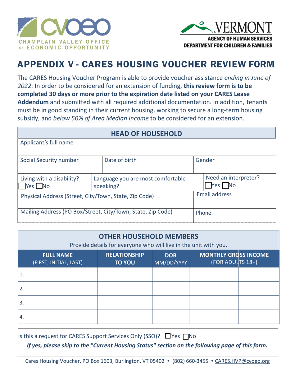 Appendix V Cares Housing Voucher Review Form - Vermont, Page 1