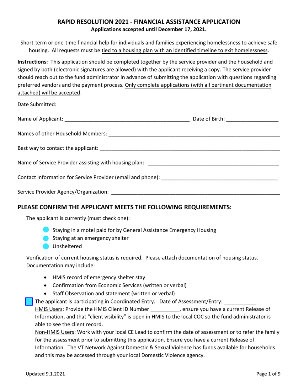 Rapid Resolution - Financial Assistance Application - Vermont, Page 1