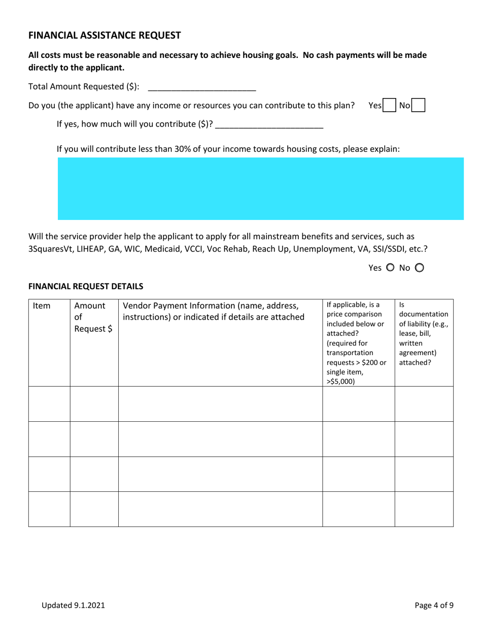 Rapid Resolution - Financial Assistance Application - Vermont, Page 4