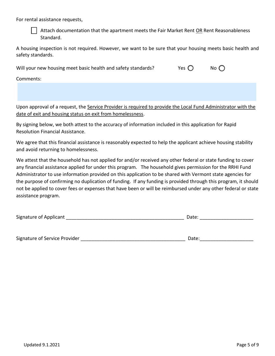 Rapid Resolution - Financial Assistance Application - Vermont, Page 5