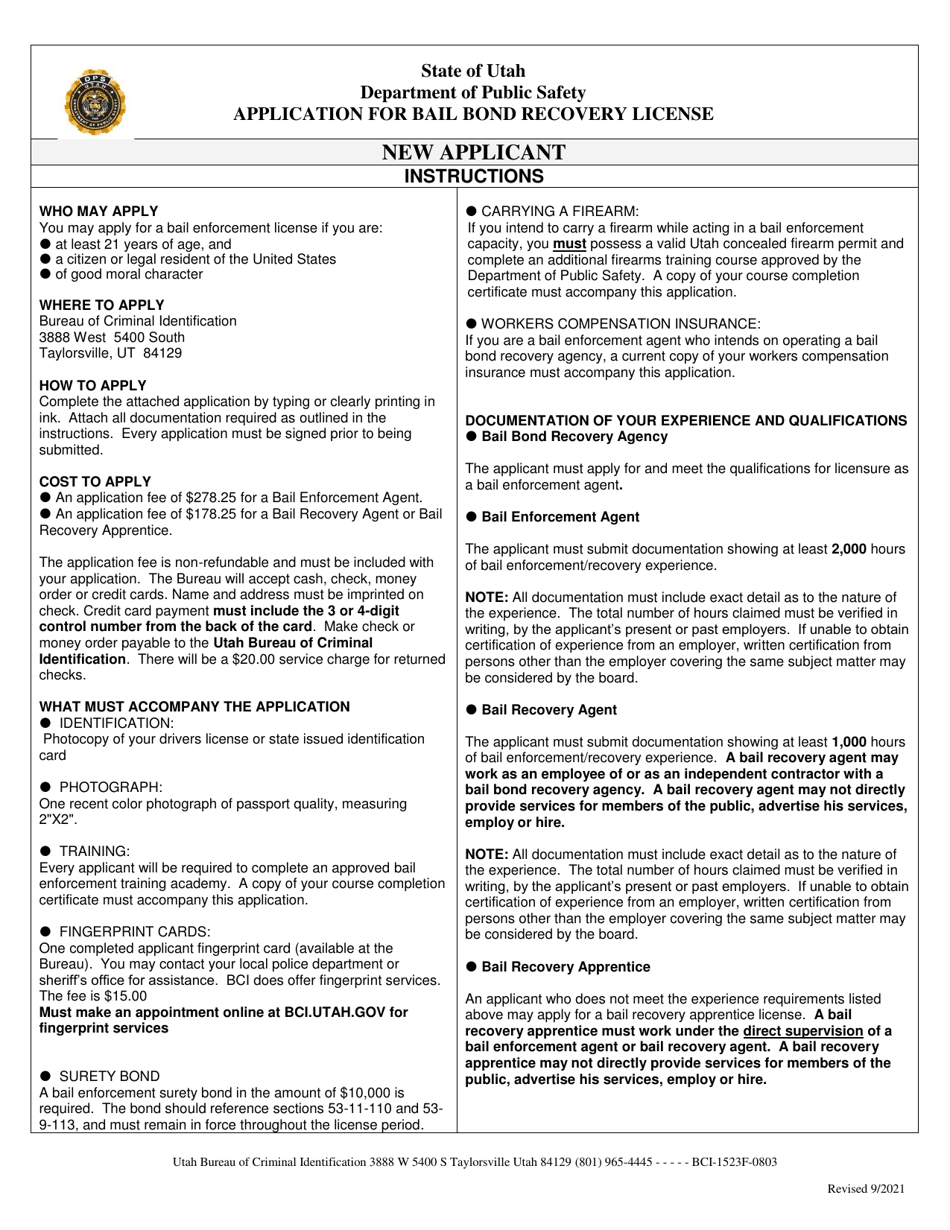Application for Bail Bond Recovery License - Utah, Page 1