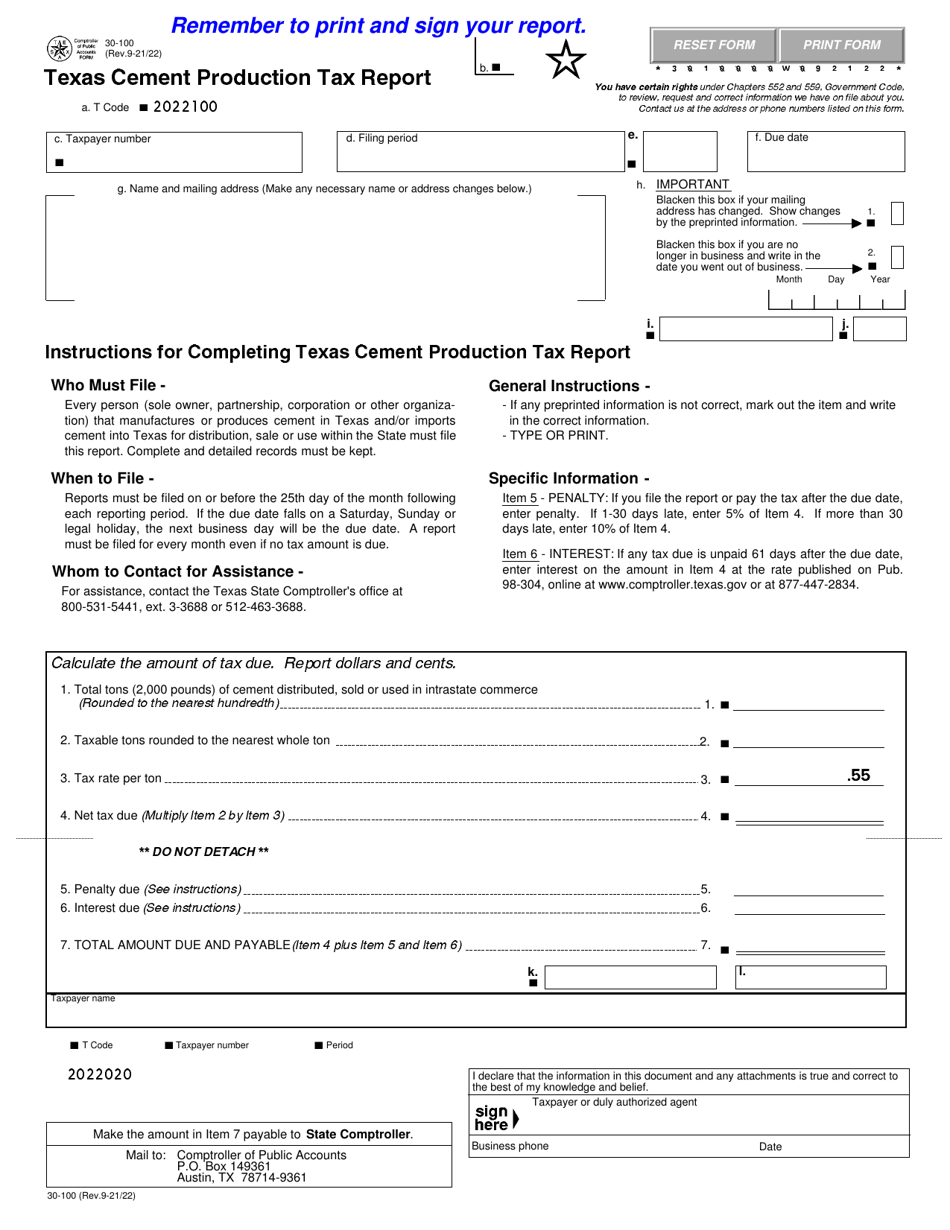 Form 30100 Download Fillable PDF or Fill Online Texas Cement Production Tax Report, Texas 2018