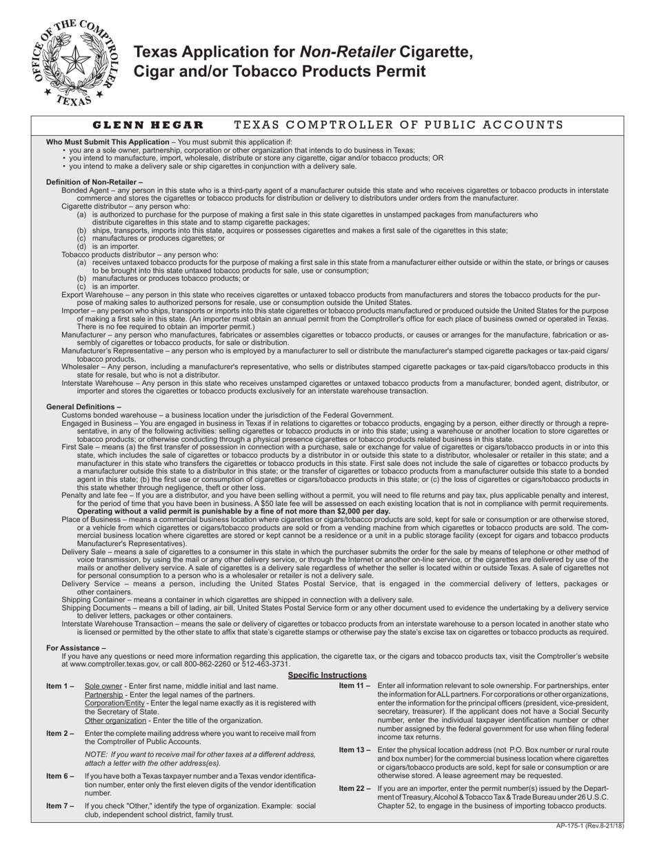 Form AP-175 Texas Application for Non-retailer Cigarette, Cigar and/or Tobacco Products Permit - Texas, Page 1