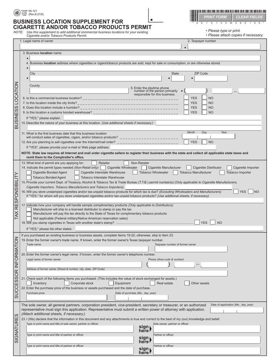 Form 69-121 Business Location Supplement for Cigarette and / or Tobacco Products Permit - Texas, Page 1