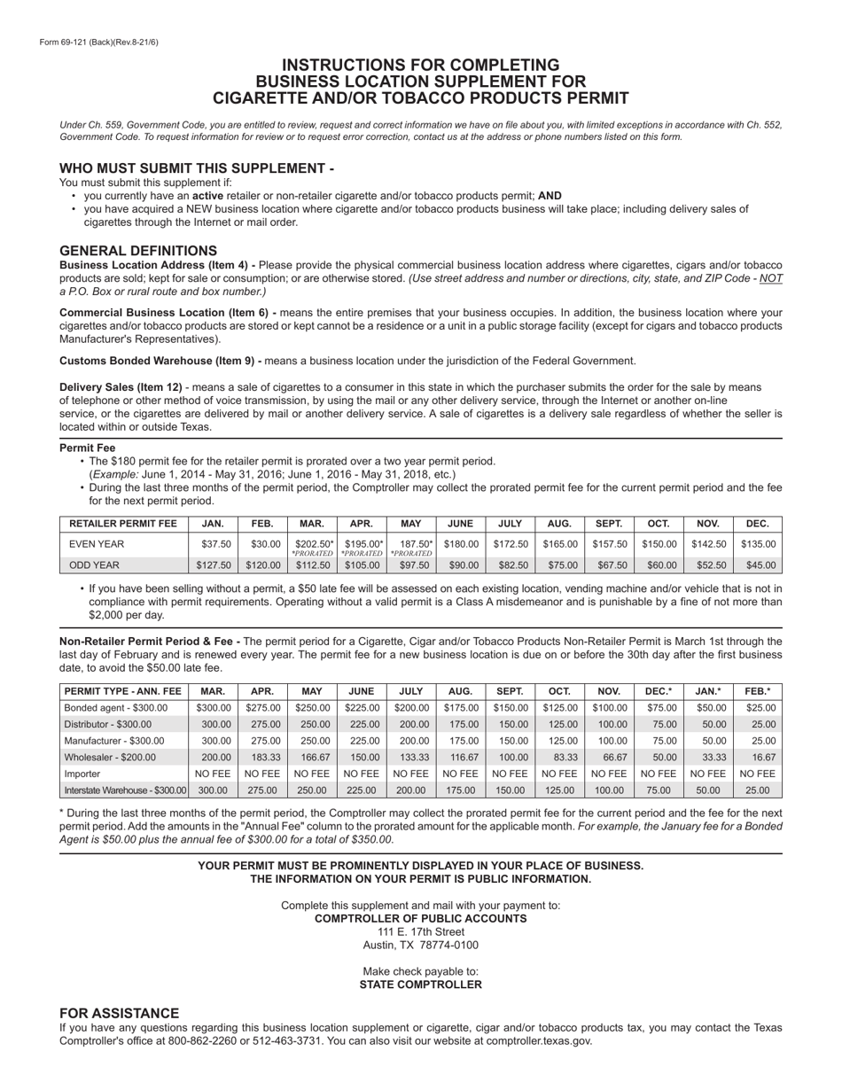 Form 69-121 Business Location Supplement for Cigarette and / or Tobacco Products Permit - Texas, Page 2