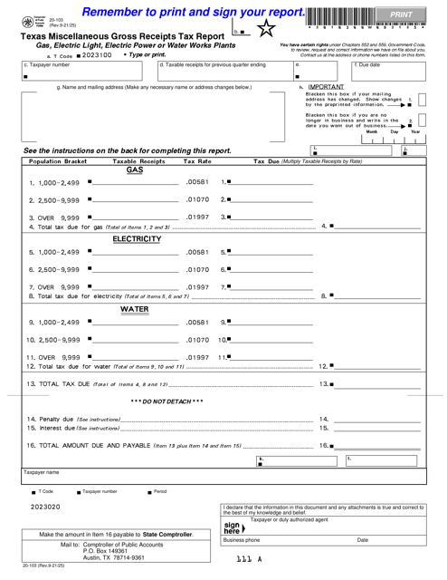 Form 20-103 Texas Miscellaneous Gross Receipts Tax Report - Gas, Electric Light, Electric Power or Water Works Plants - Texas
