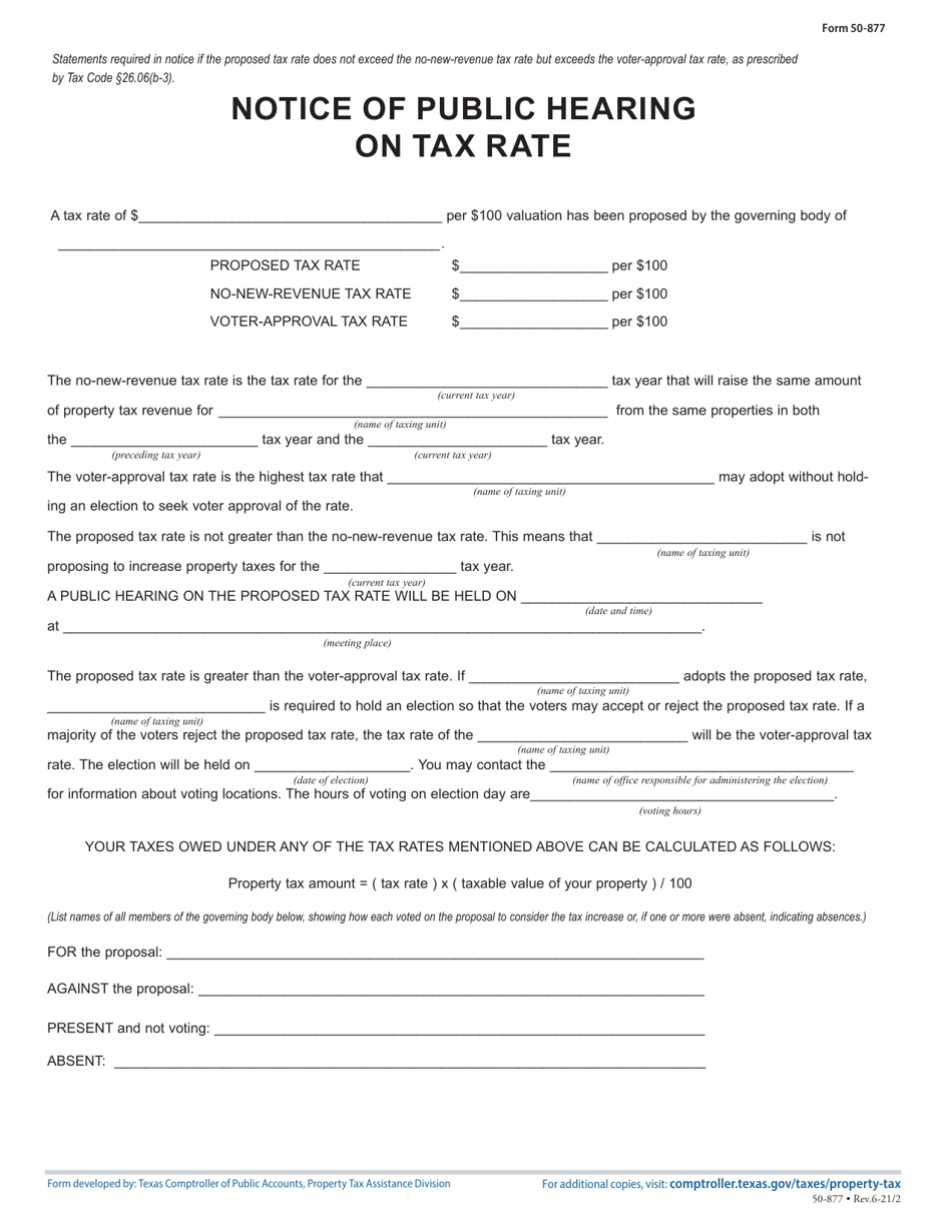 Form 50-877 Notice of Public Hearing on Tax Rate - Proposed Rate Does Not Exceed No-New-Revenue Tax Rate, but Exceeds Voter-Approval Tax Rate - Texas, Page 1