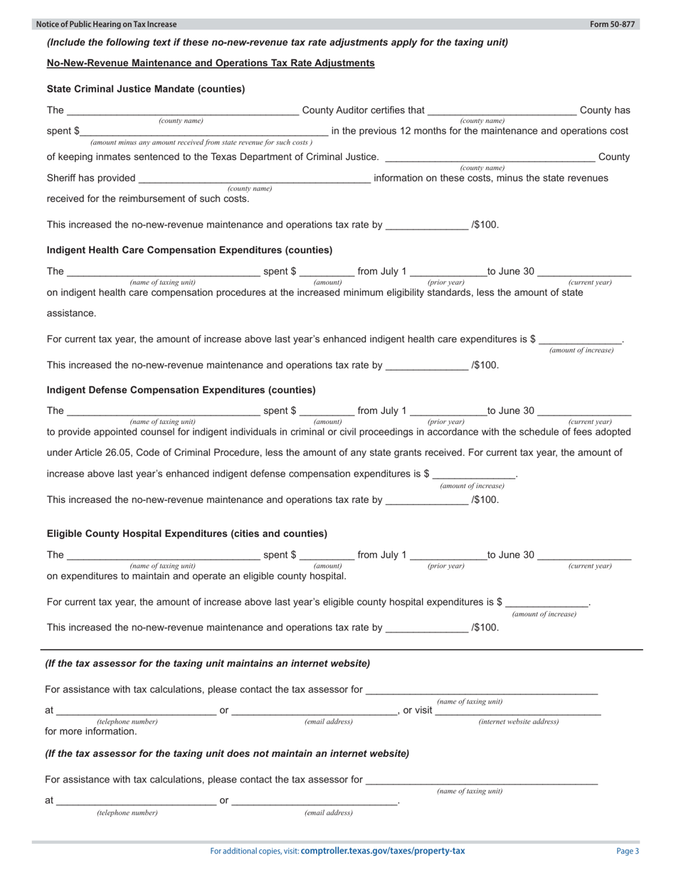 Form 50-877 Notice of Public Hearing on Tax Rate - Proposed Rate Does Not Exceed No-New-Revenue Tax Rate, but Exceeds Voter-Approval Tax Rate - Texas, Page 3