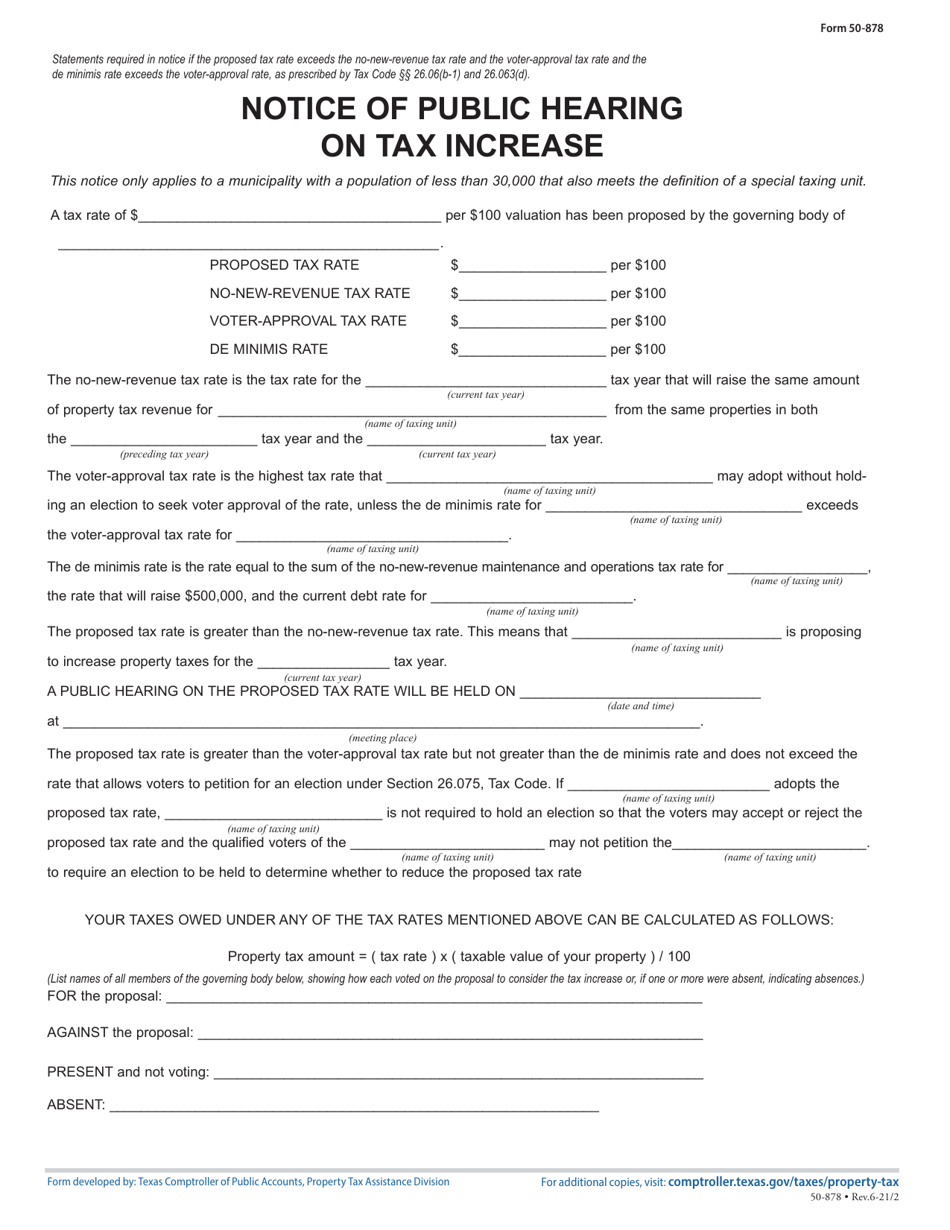 Form 50-878 Notice of Public Hearing on Tax Increase - Proposed Rate Exceeds No-New-Revenue and Voter-Approval Tax Rate, but Not De Minimis Rate - Texas, Page 1