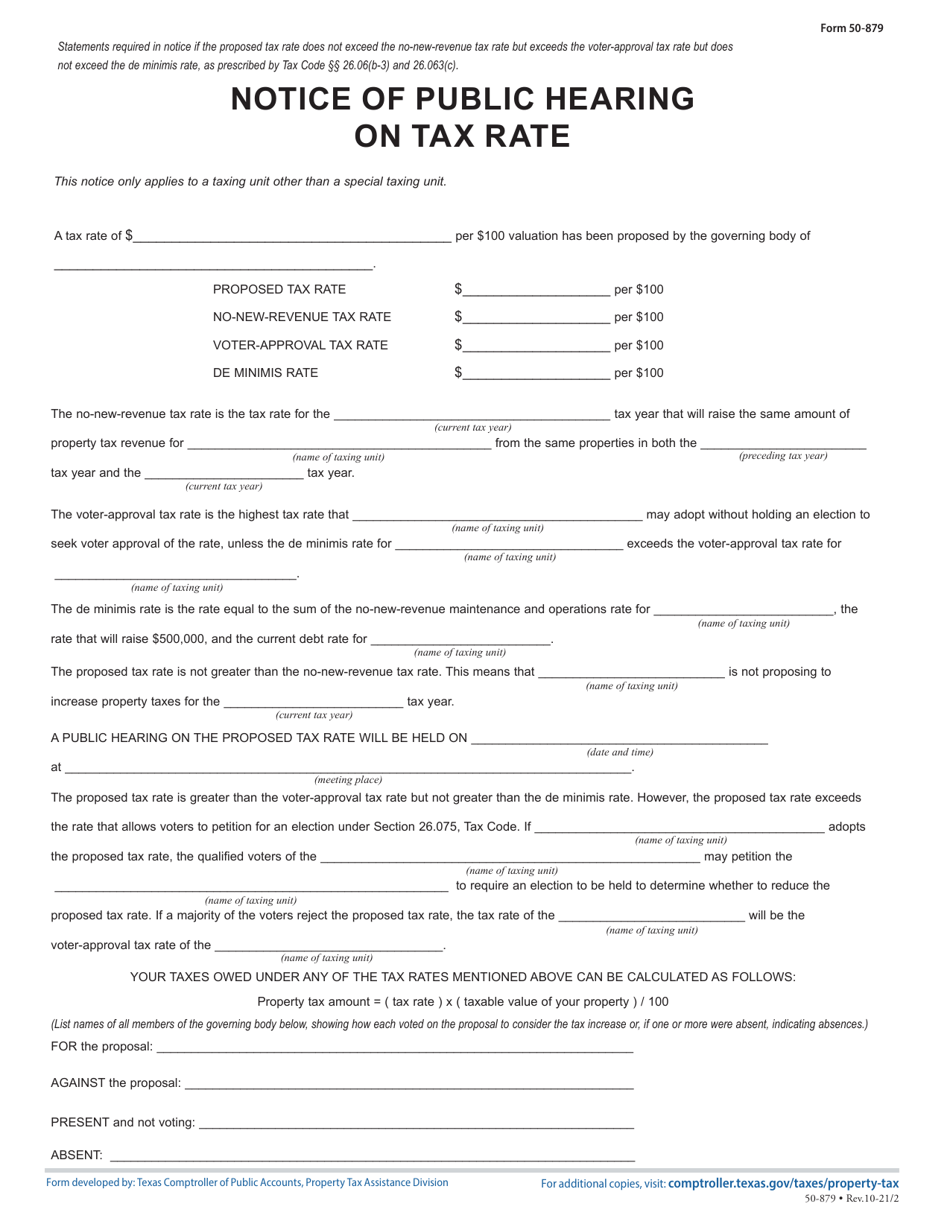 Form 50-879 Notice of Public Hearing on Tax Rate - Proposed Rate Does Not Exceed No-New-Revenue Tax Rate, but Exceeds Voter-Approval Tax Rate, but Not De Minimis Rate - Texas, Page 1