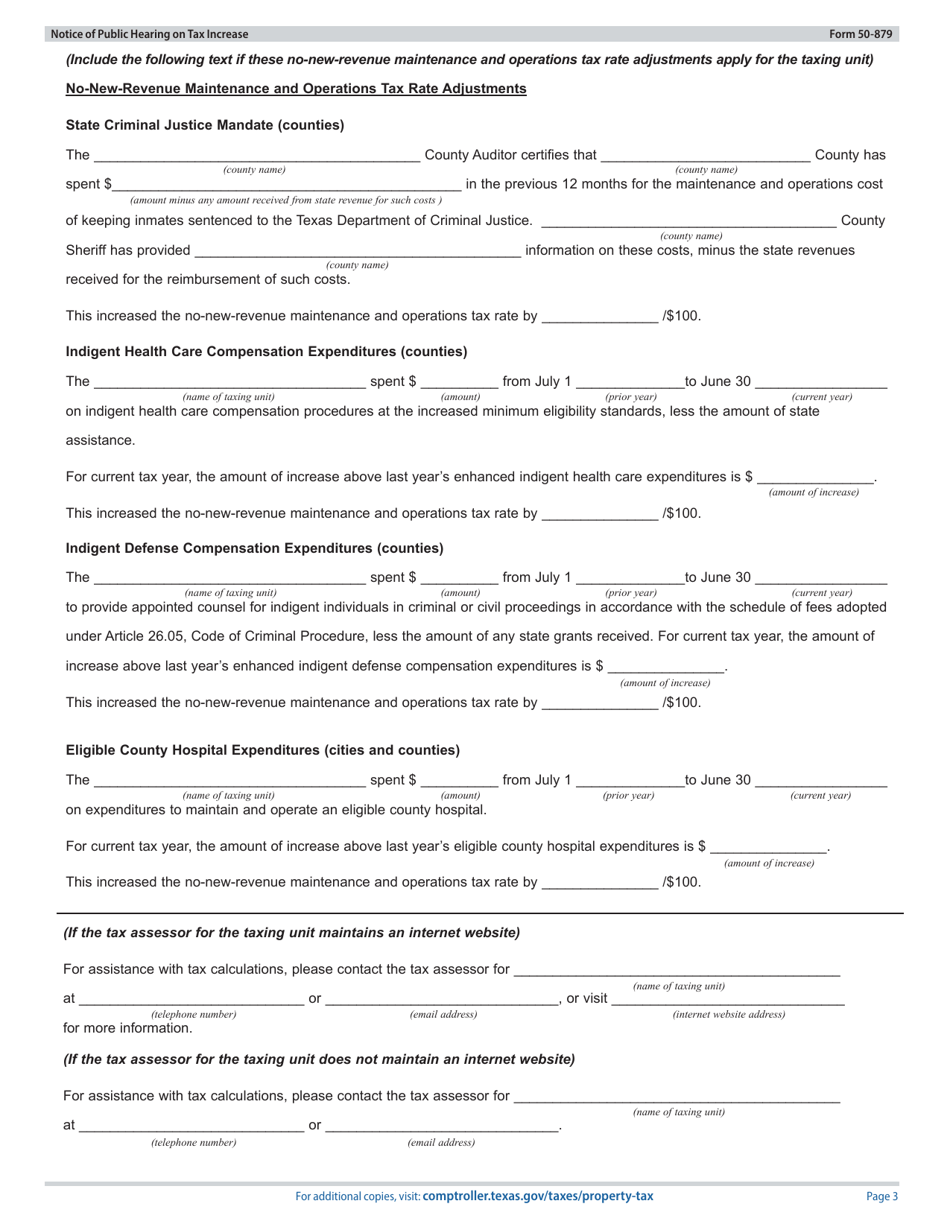 Form 50-879 Notice of Public Hearing on Tax Rate - Proposed Rate Does Not Exceed No-New-Revenue Tax Rate, but Exceeds Voter-Approval Tax Rate, but Not De Minimis Rate - Texas, Page 3