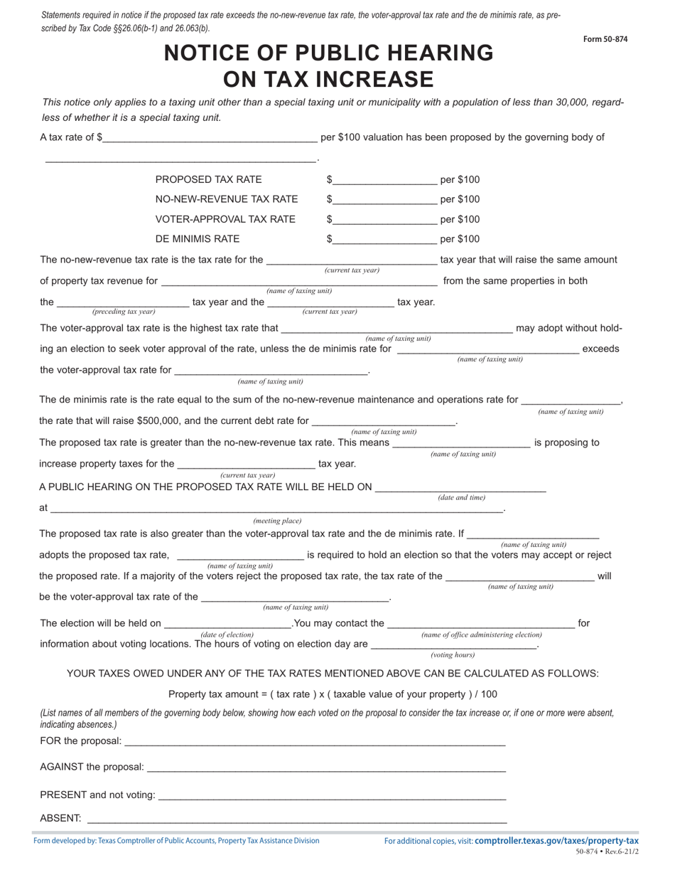 Form 50-874 Notice of Public Hearing on Tax Increase - Proposed Rate Greater Than Voter-Approval Tax Rate and De Minimis Rate - Texas, Page 1
