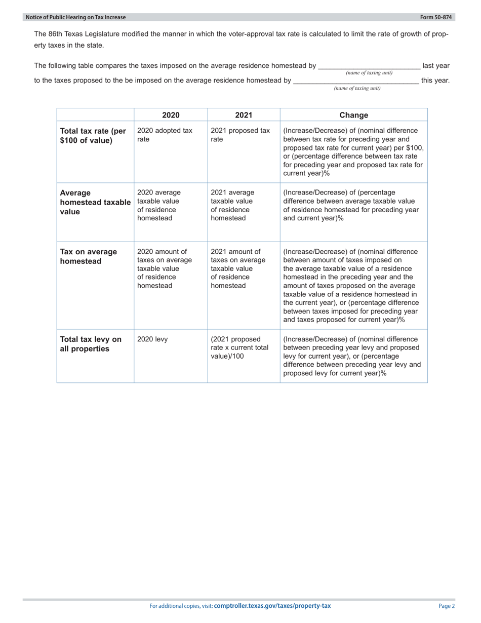 Form 50-874 Notice of Public Hearing on Tax Increase - Proposed Rate Greater Than Voter-Approval Tax Rate and De Minimis Rate - Texas, Page 2
