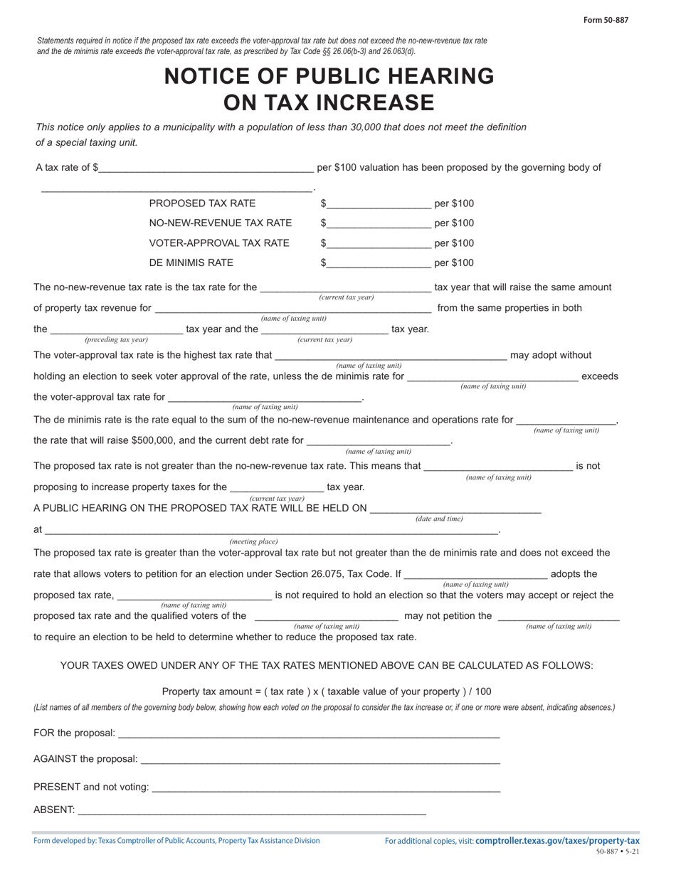 Form 50-887 Notice of Public Hearing on Tax Increase - Proposed Rate Does Not Exceed No-New-Revenue Tax Rate, but Exceeds Voter Approval Tax Rate, but Not De Minimis Rate - Texas, Page 1