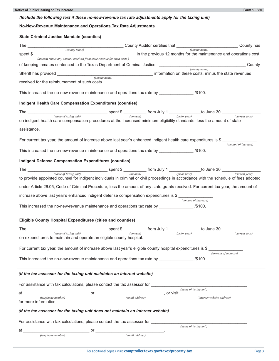 Form 50-880 Notice of Public Hearing on Tax Rate - Proposed Rate Does Not Exceed No-New-Revenue Tax Rate, but Exceeds Voter-Approval Tax Rate; De Minimis Rate Exceeds Voter-Approval Tax Rate - Texas, Page 3