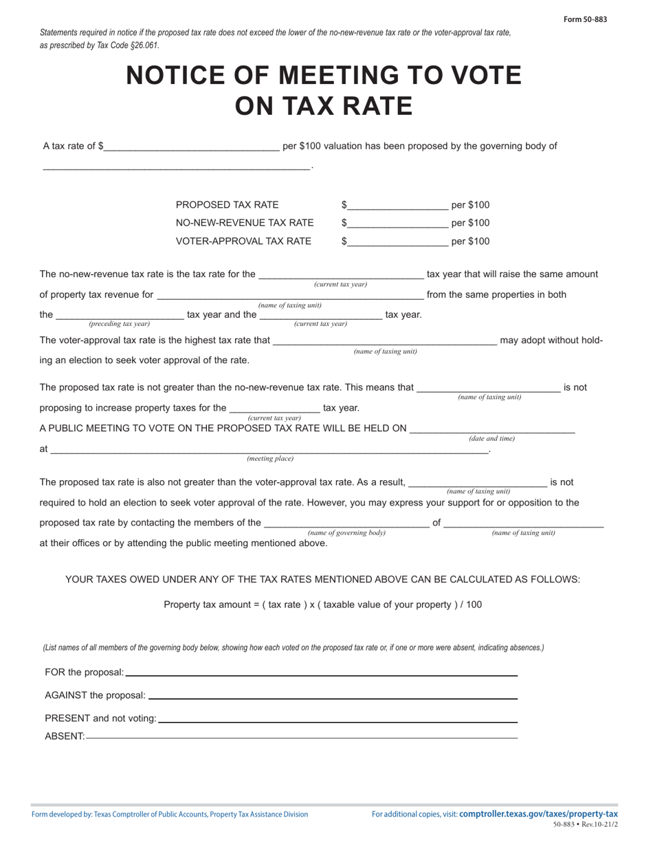 Form 50-883 Notice of Meeting to Vote on Tax Rate - Proposed Rate Does Not Exceed No-New-Revenue or Voter-Approval Tax Rate - Texas, Page 1
