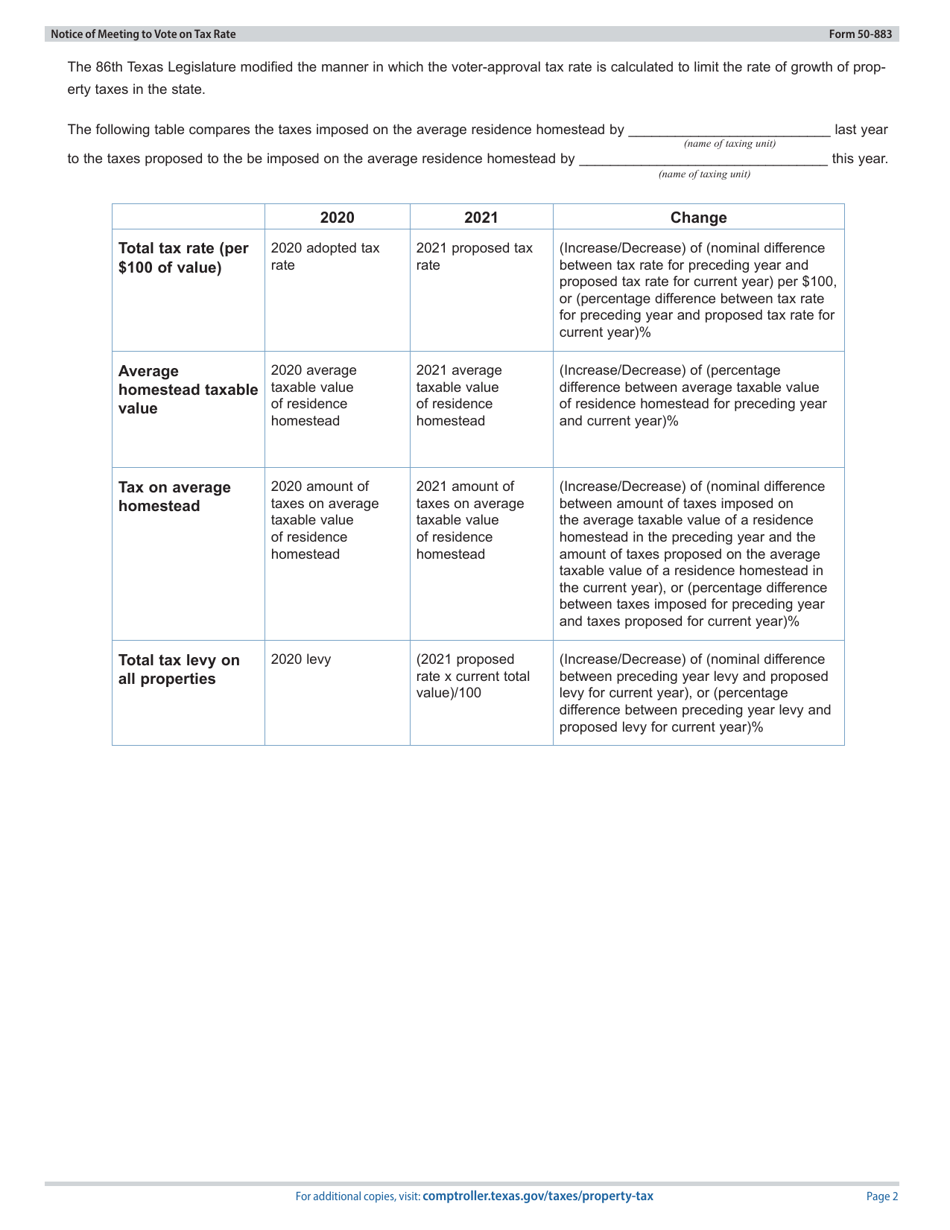 Form 50-883 Notice of Meeting to Vote on Tax Rate - Proposed Rate Does Not Exceed No-New-Revenue or Voter-Approval Tax Rate - Texas, Page 2