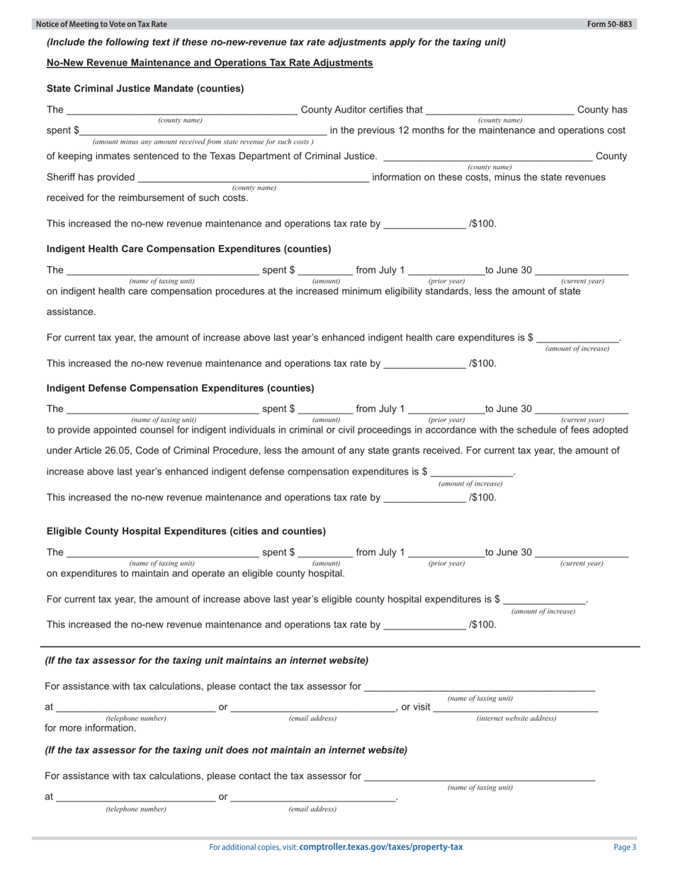 Form 50-883 Notice of Meeting to Vote on Tax Rate - Proposed Rate Does Not Exceed No-New-Revenue or Voter-Approval Tax Rate - Texas, Page 3