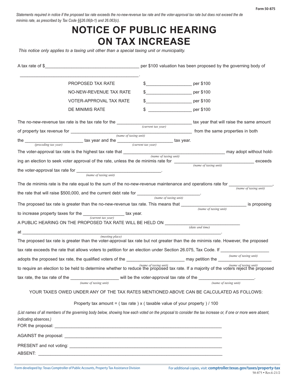Form 50-875 Notice of Public Hearing on Tax Increase - Proposed Rate Exceeds No-New-Revenue and Voter-Approval Tax Rate, but Not De Minimis Rate - Texas, Page 1