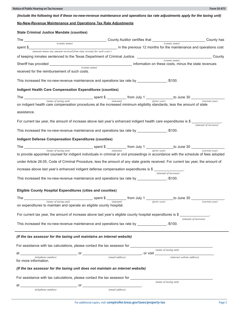 Form 50-875 Notice of Public Hearing on Tax Increase - Proposed Rate Exceeds No-New-Revenue and Voter-Approval Tax Rate, but Not De Minimis Rate - Texas, Page 3