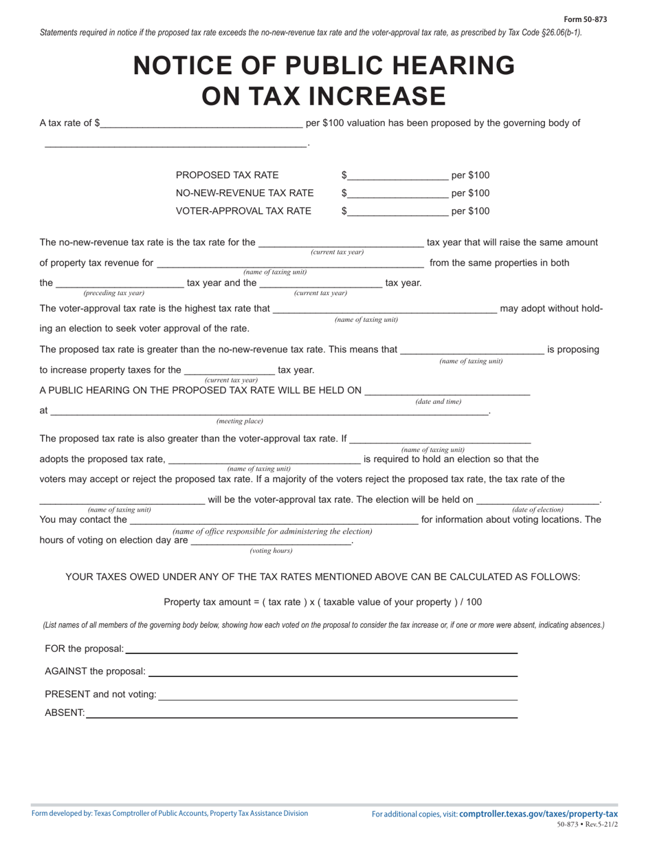 Form 50-873 Notice of Public Hearing on Tax Increase - Proposed Rate Exceeds No-New-Revenue and Voter-Approval Tax Rate - Texas, Page 1