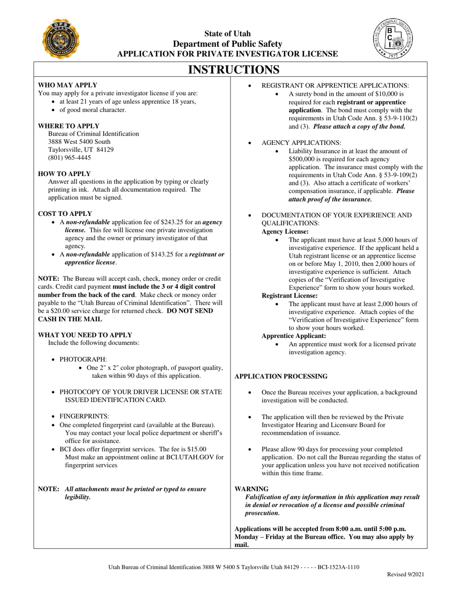 Application for Private Investigator License - Utah, Page 1
