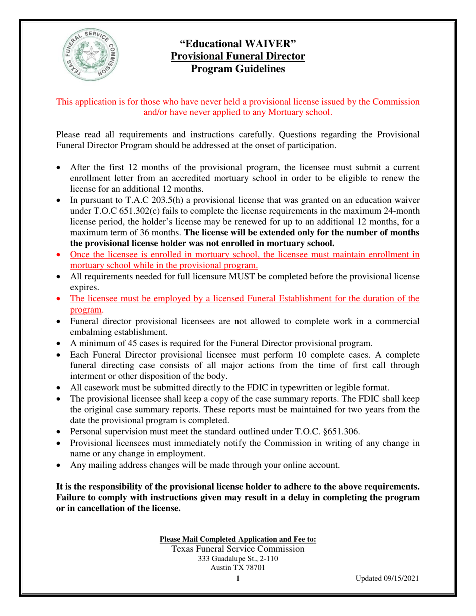 Texas Educational Waiver Provisional Funeral Director Application