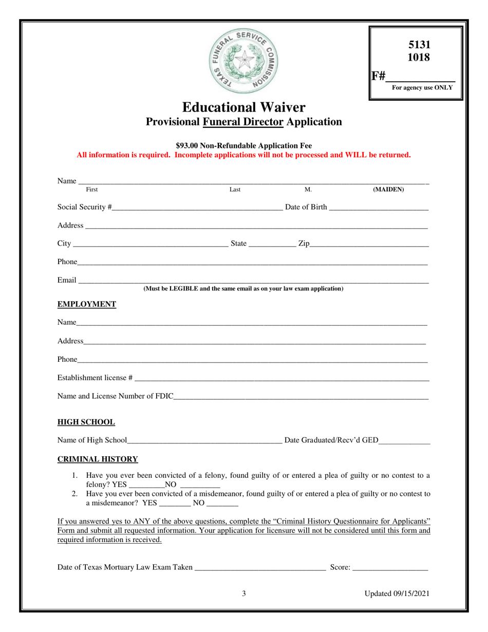 Educational Waiver Provisional Funeral Director Application - Texas, Page 3