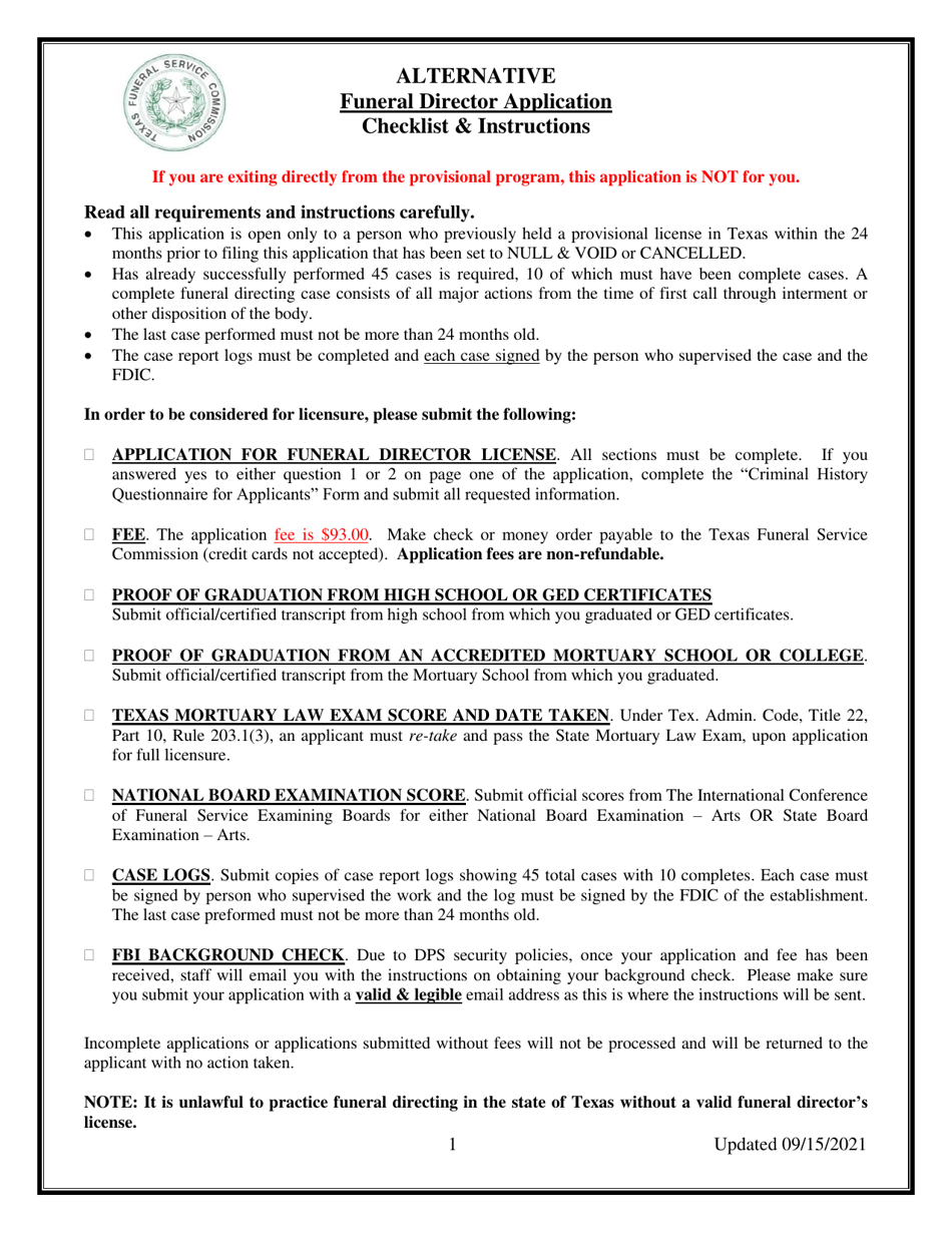 Texas Alternative Funeral Director Application Download Printable PDF