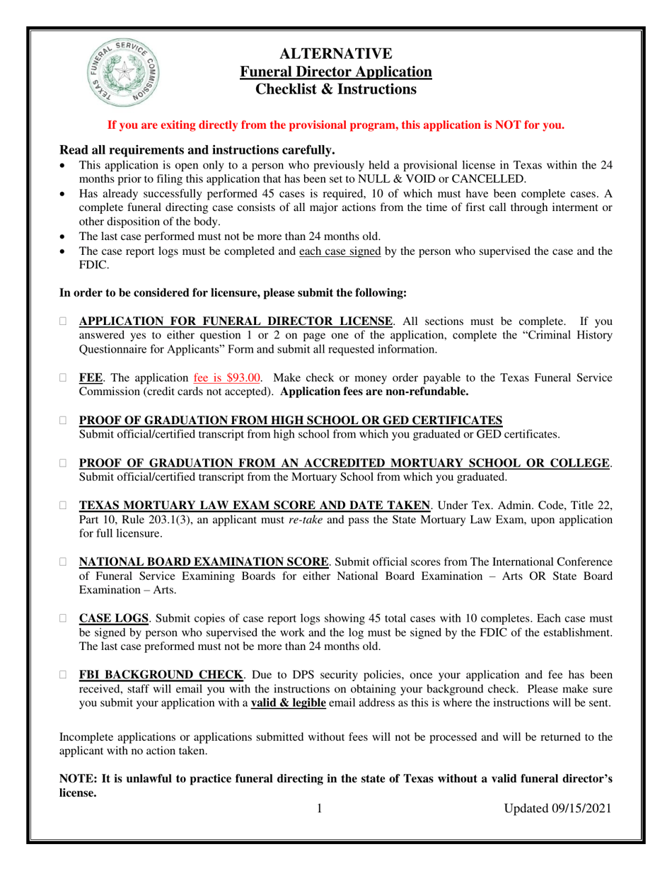 Alternative Funeral Director Application - Texas, Page 1