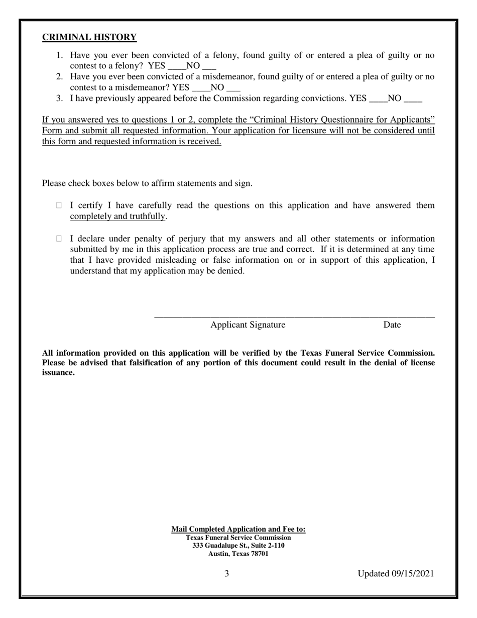 Alternative Funeral Director Application - Texas, Page 3