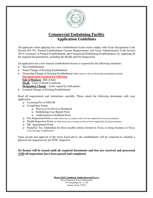 Commercial Embalming Facility Application - Texas Download Pdf