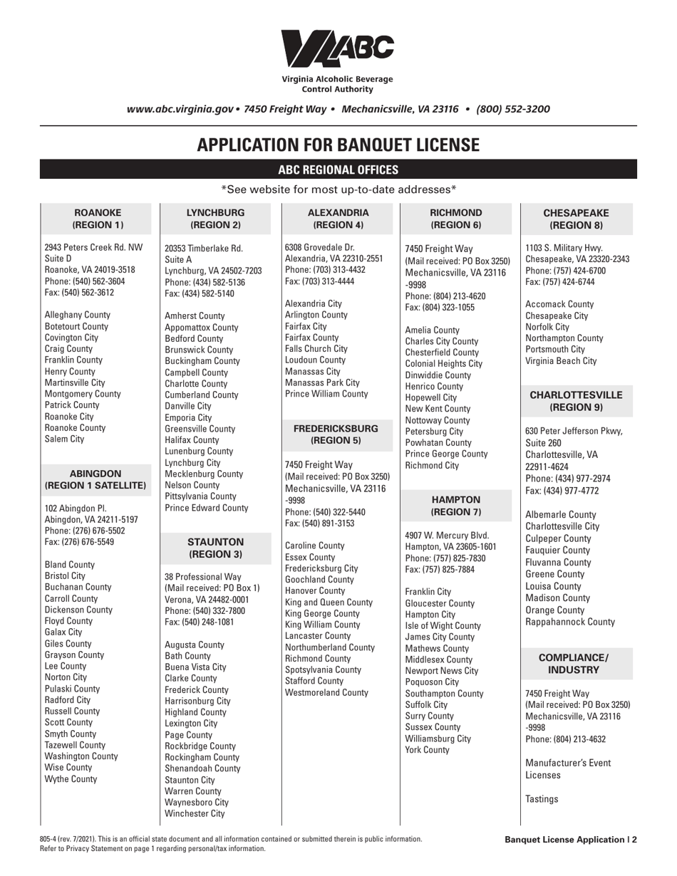 Form 805-4 Application for Banquet License - Virginia, Page 2