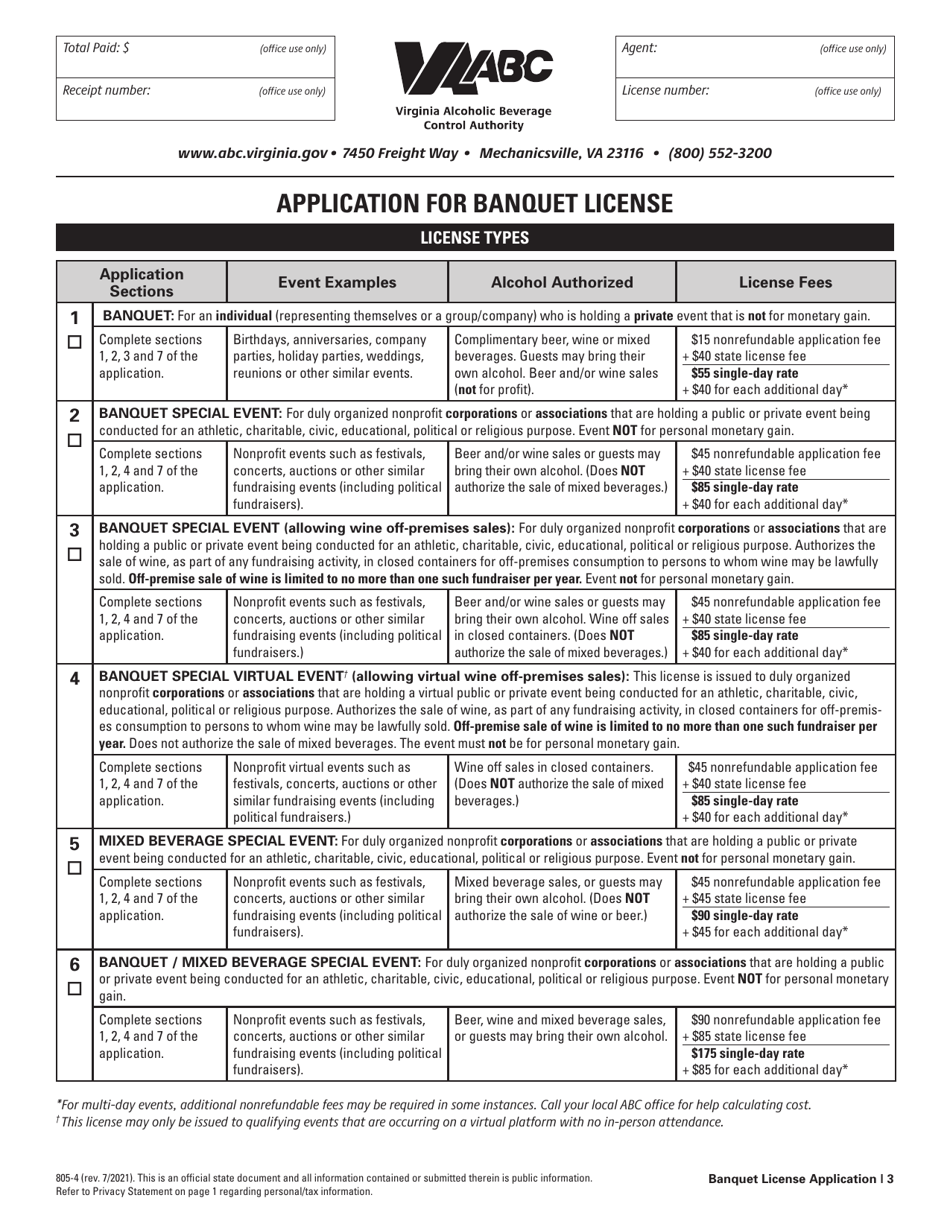 Form 805-4 Application for Banquet License - Virginia, Page 3