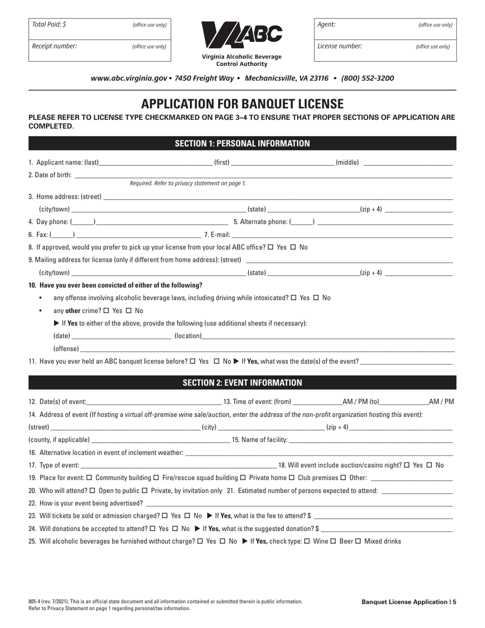 Form 805-4 Application for Banquet License - Virginia, Page 5