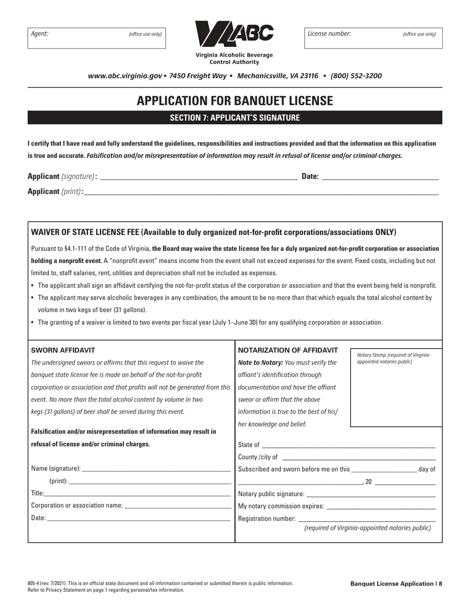 Form 805-4 Application for Banquet License - Virginia, Page 8