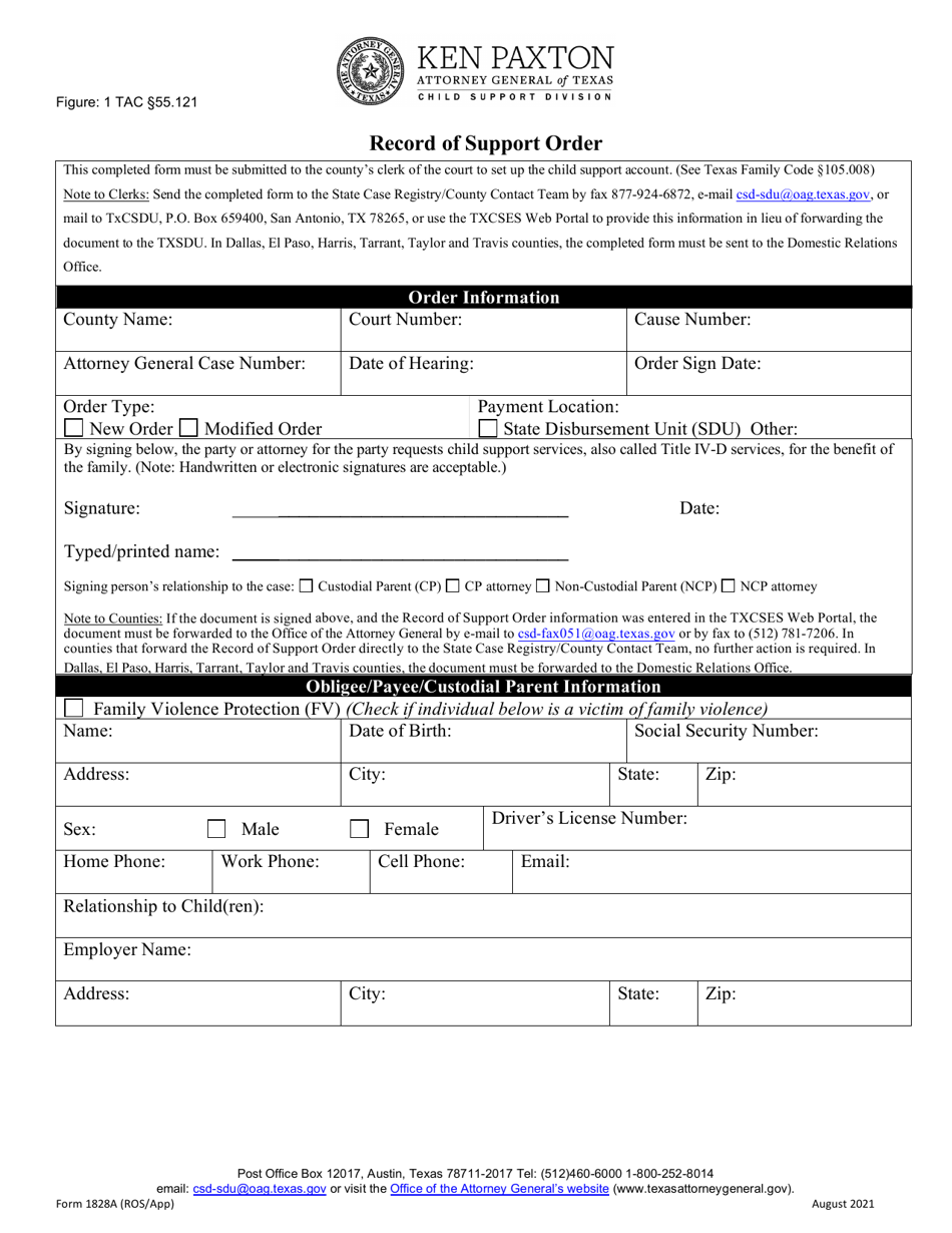 Form 1828A Record of Support Order With Application - Texas, Page 1