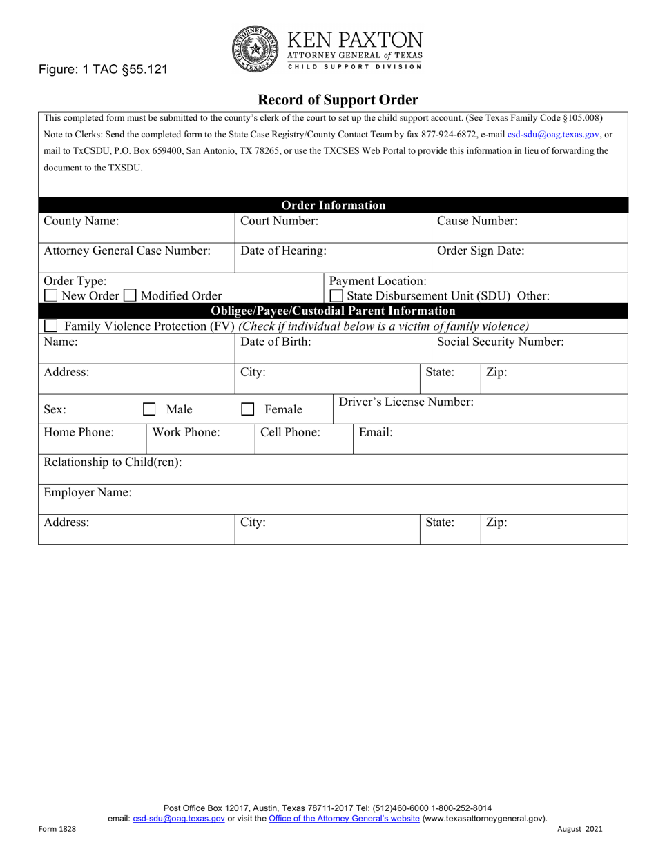 Form 1828 Record of Support Order - Texas, Page 1