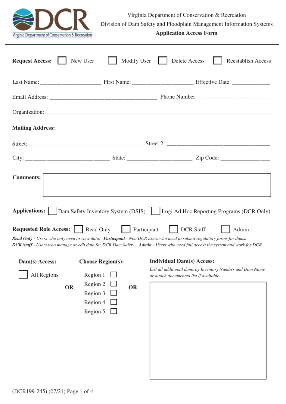 Form DCR199-245 Dam Safety Inventory System (Dsis) Access Application - Virginia, Page 1