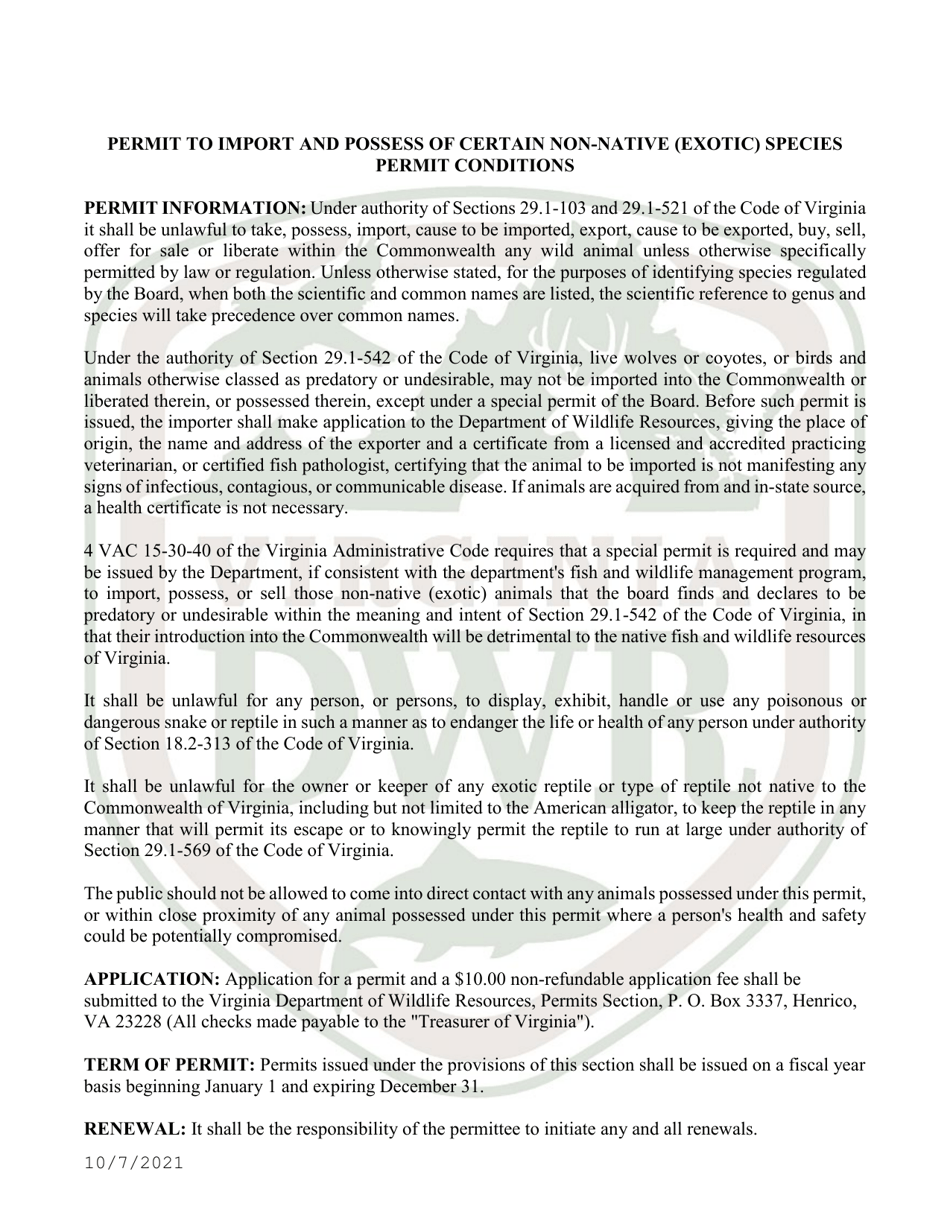 Application to Import and Possess Certain Non-native (Exotic) Wildlife in Virginia - Virginia, Page 5