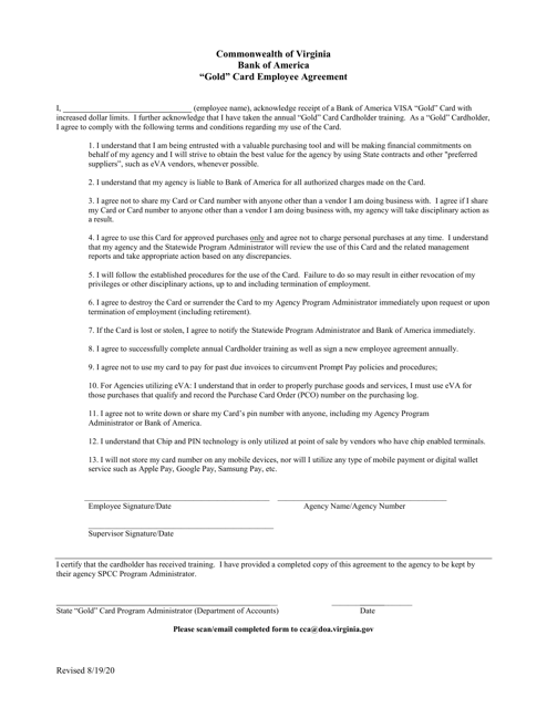 Gold Card Employee Agreement - Virginia