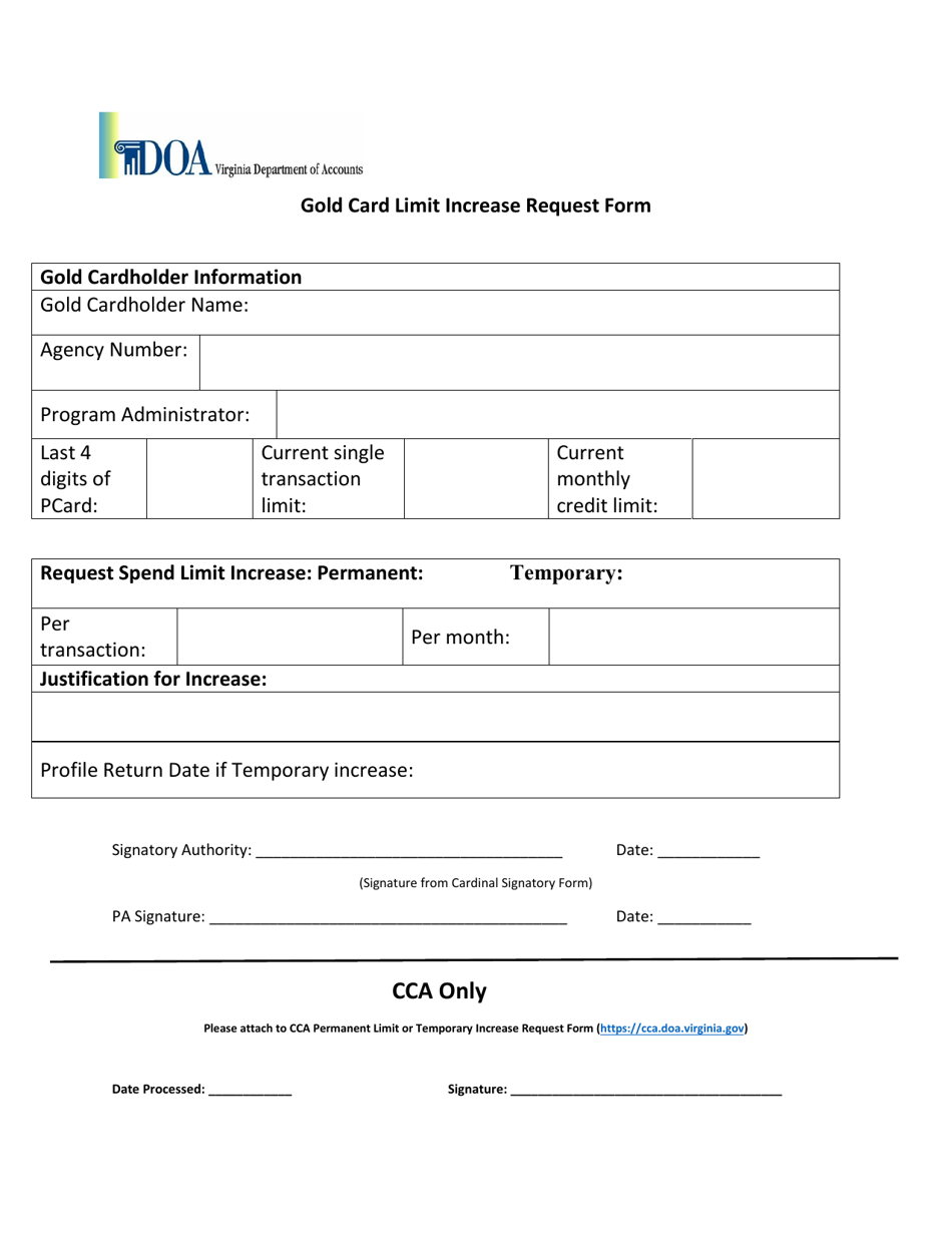Virginia Gold Card Limit Increase Request Form Download Printable PDF