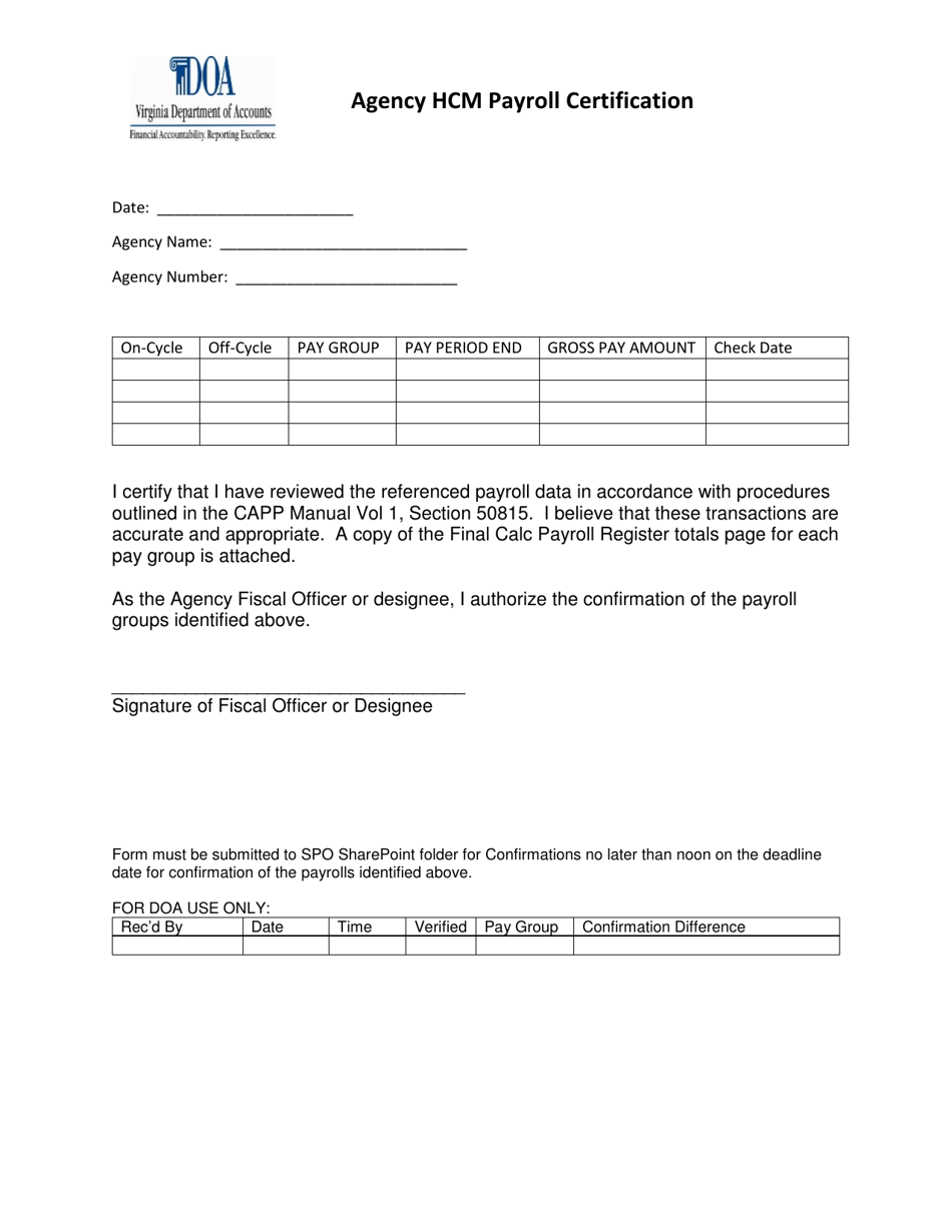 Agency Hcm Payroll Certification - Virginia, Page 1