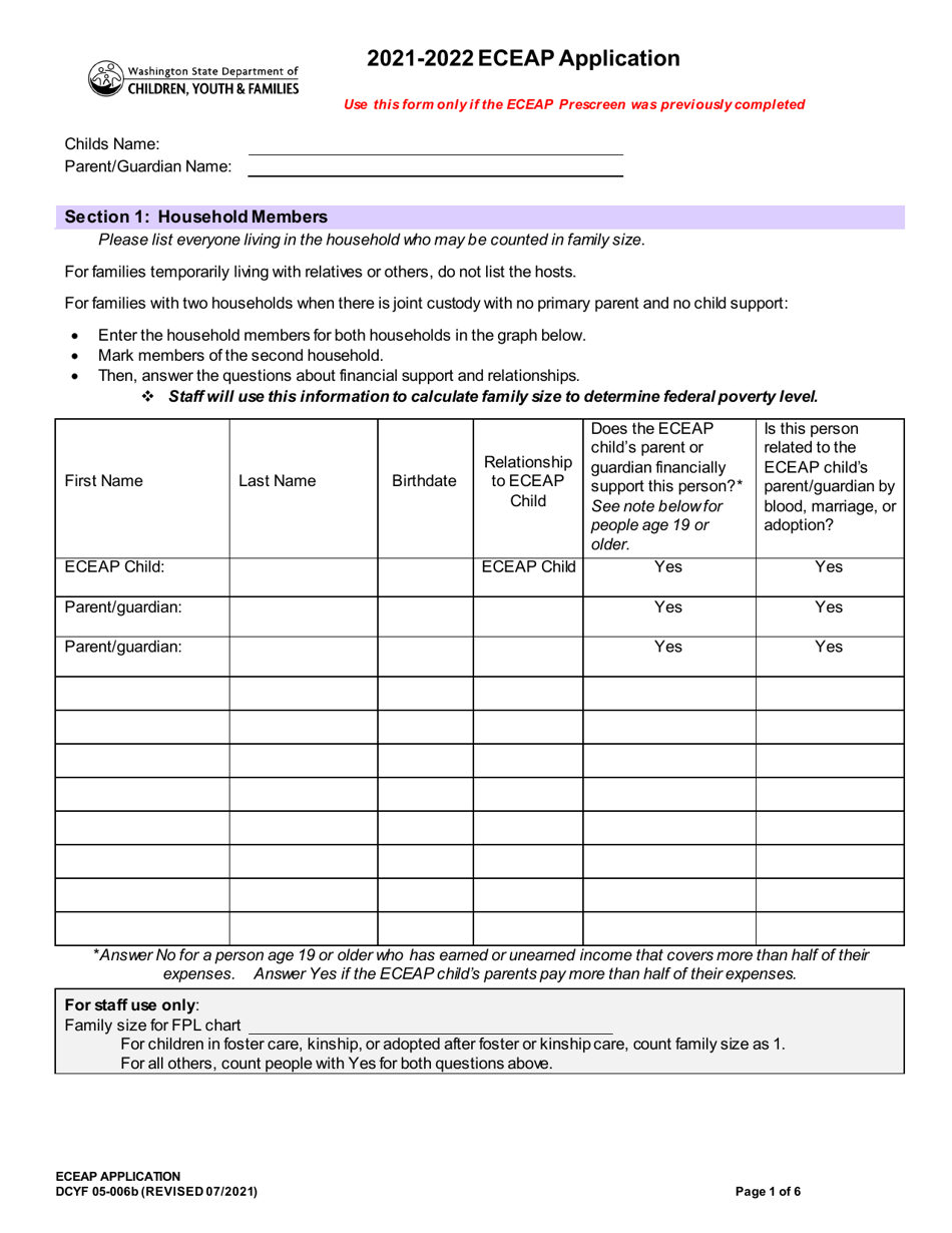 DCYF Form 05-006B Eceap Application - Washington, Page 1