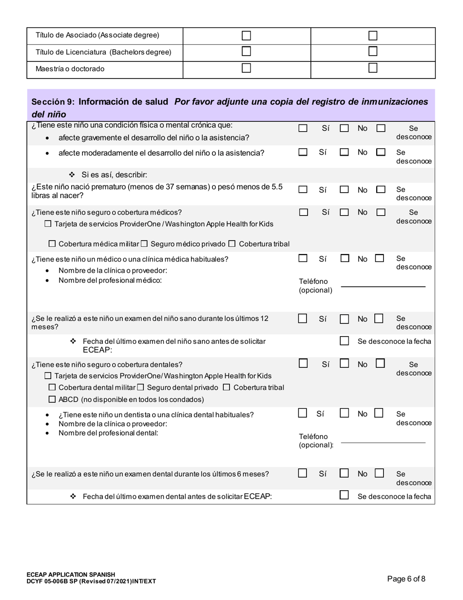 DCYF Formulario 05-006B Solicitud Para El Programa Eceap - Washington (Spanish), Page 6
