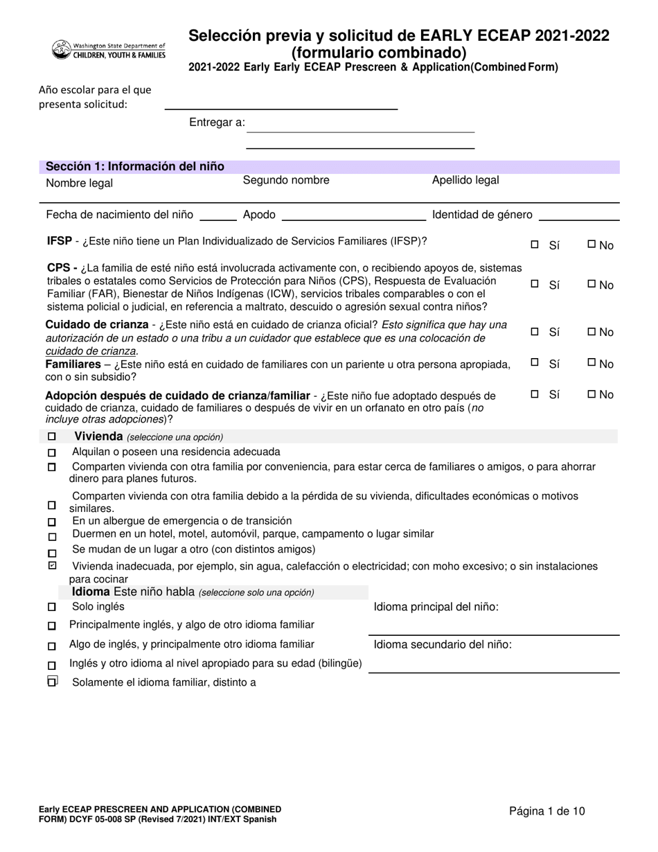 DCYF Formulario 05-008 Seleccion Previa Y Solicitud De Early Eceap (Formulario Combinado) - Washington (Spanish), Page 1