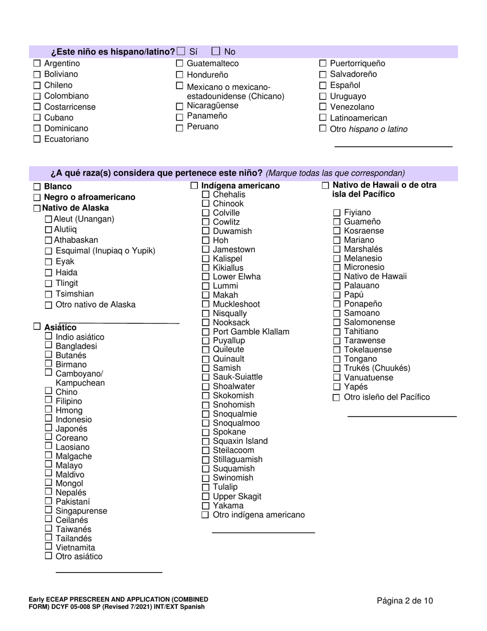 DCYF Formulario 05-008 Seleccion Previa Y Solicitud De Early Eceap (Formulario Combinado) - Washington (Spanish), Page 2