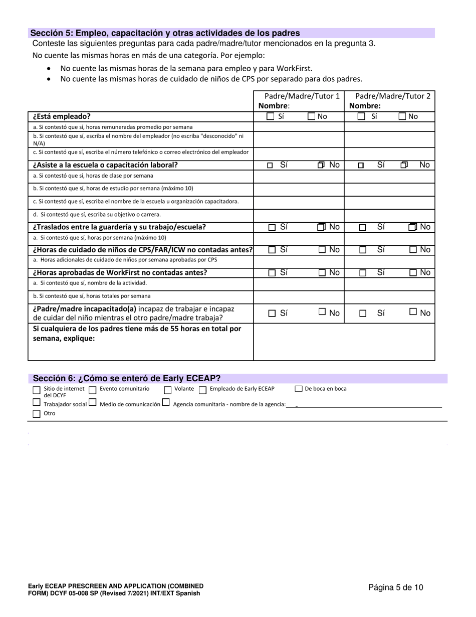 DCYF Formulario 05-008 Seleccion Previa Y Solicitud De Early Eceap (Formulario Combinado) - Washington (Spanish), Page 5