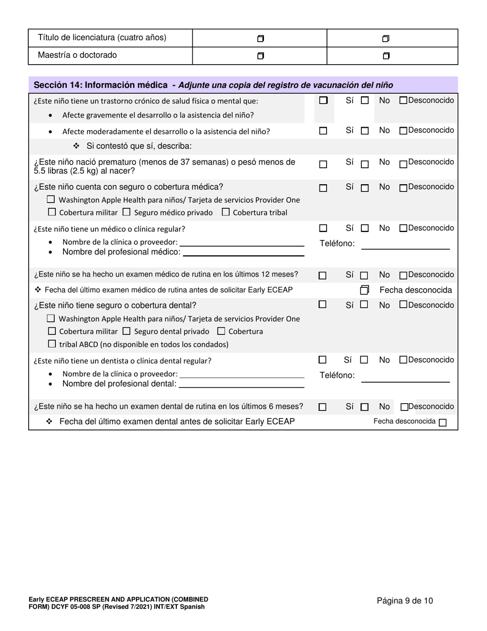 DCYF Formulario 05-008 Seleccion Previa Y Solicitud De Early Eceap (Formulario Combinado) - Washington (Spanish), Page 9