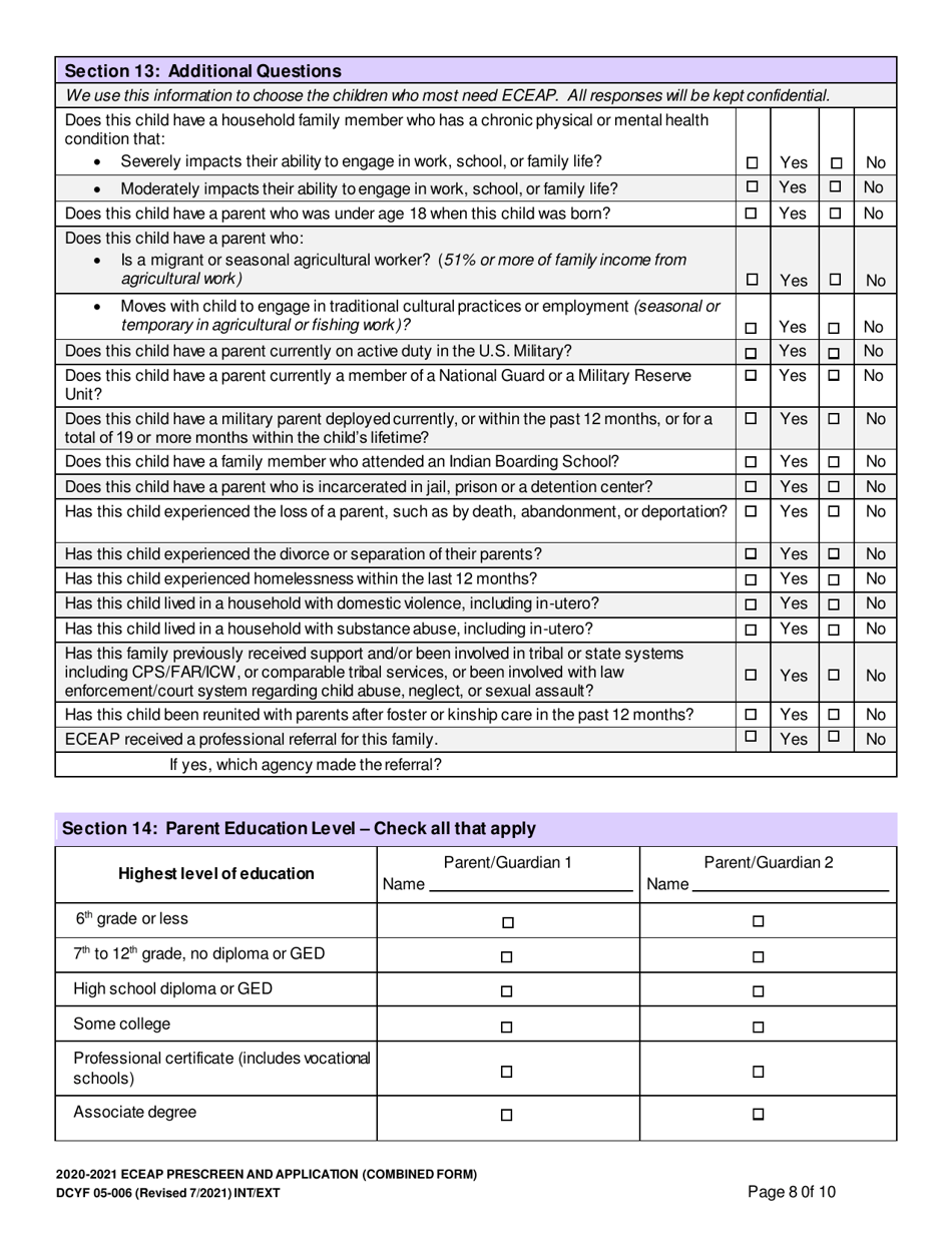 DCYF Form 05-006 Eceap Prescreen and Application (Combined Form) - Washington, Page 8